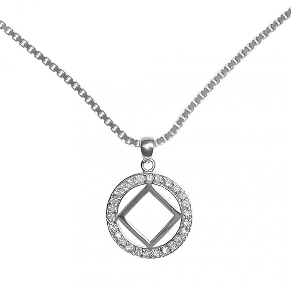 NA Symbol CZ Pendant with Medium Box Chain Sterling Silver Necklace