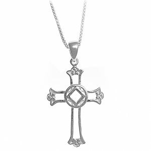 NA Symbol Cross Pendant Medium Box Chain Sterling Silver Necklace